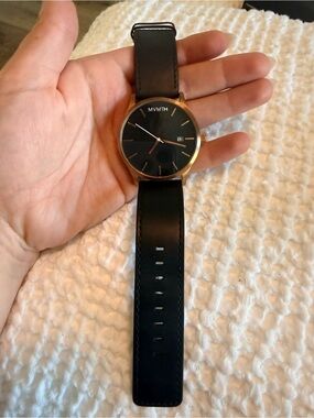 MVMT Black Dial Watch with Rose Gold Case and Black Leather Strap